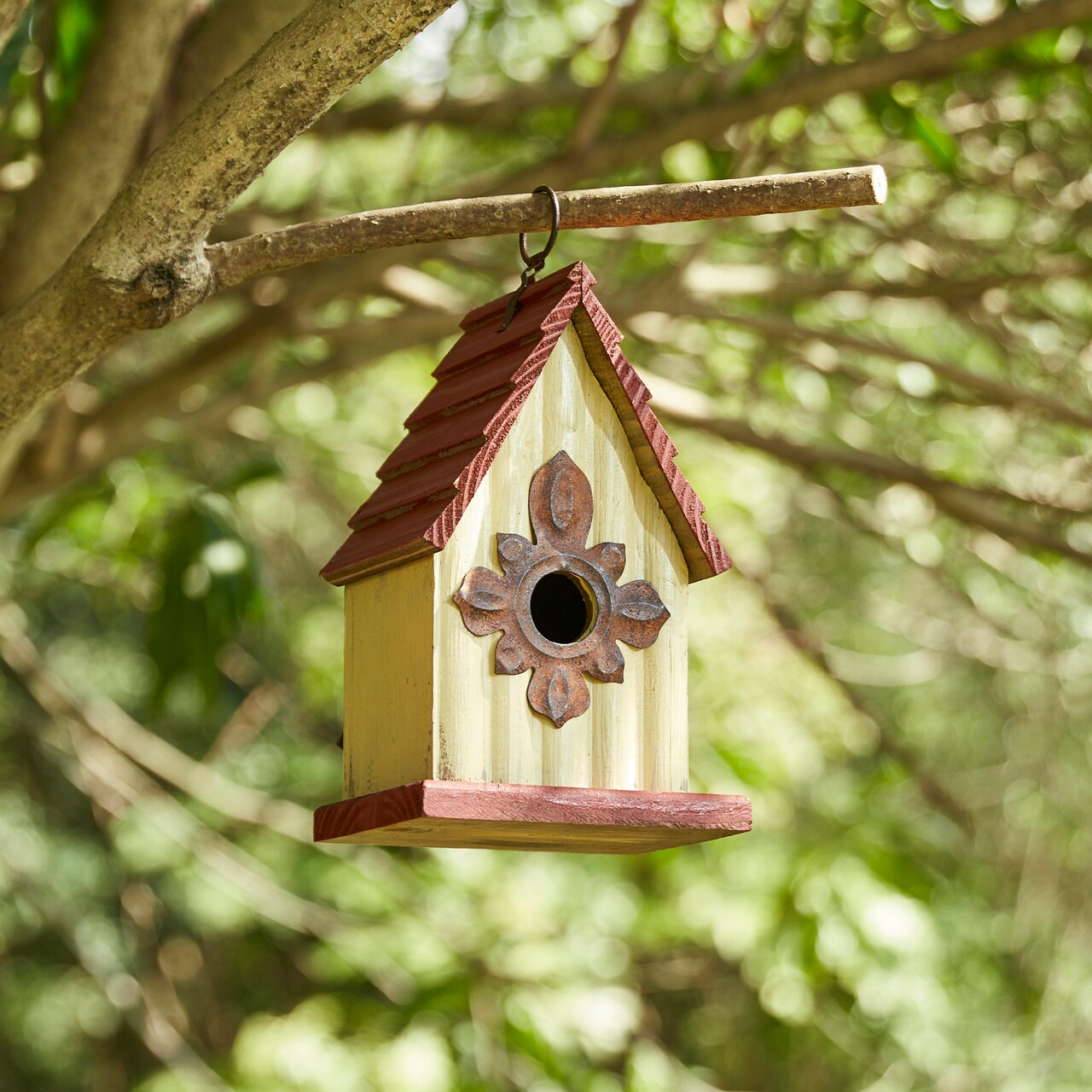 Set of 2 9''H Washed White Solid Wood Red Roof Cottage Decorative Outdoor Garden Birdhouse